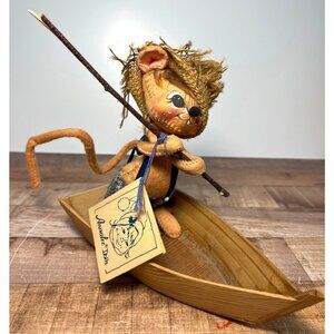 Annalee Dolls Vintage Mouse Figurine In Wooden Boat With Fishing Rod 2292